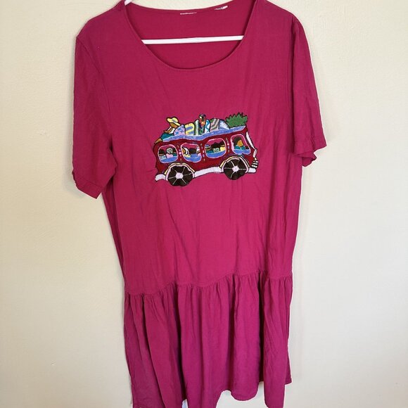 Vtg Womens Pink MuMu Dress Short Sleeve Midi Embroidered Bus Design Cotton Med - Picture 6 of 7